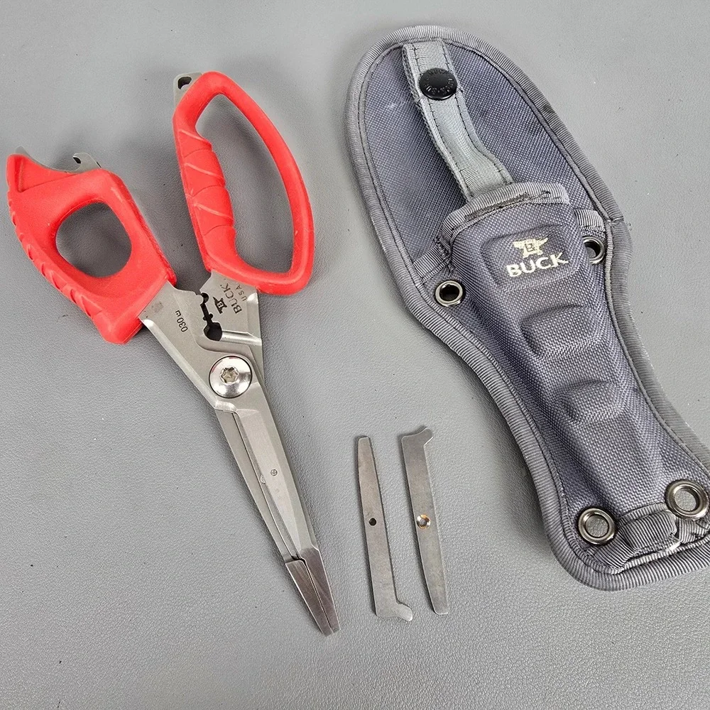 Buck Knives 030 Splizzors Fishing Multi-Tool Shears Red 420HC Steel W/ Sheath